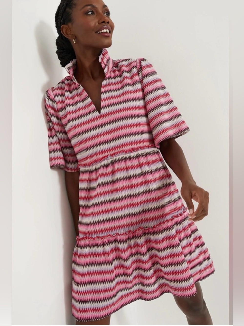 Tuckernuck Pink Multi Textured Tiered Mini Dress XXL NWT Ruffle Collar Split V-N